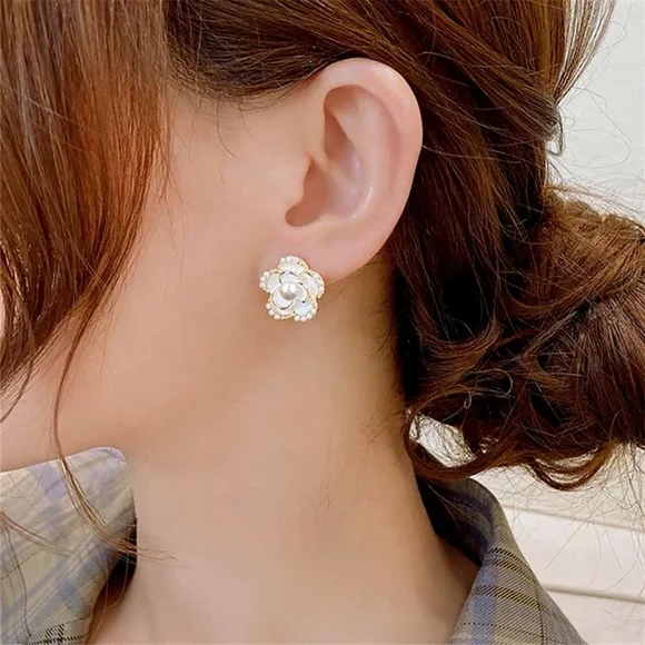 Pearl Camellia Flower Earrings: 18K Gold Plated Studs - Picture 2 of 2